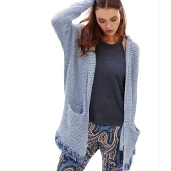 Free People Love Me Tender Cardigan Sweater Hooded Knit Fringe Blue Small - Picture 1 of 12